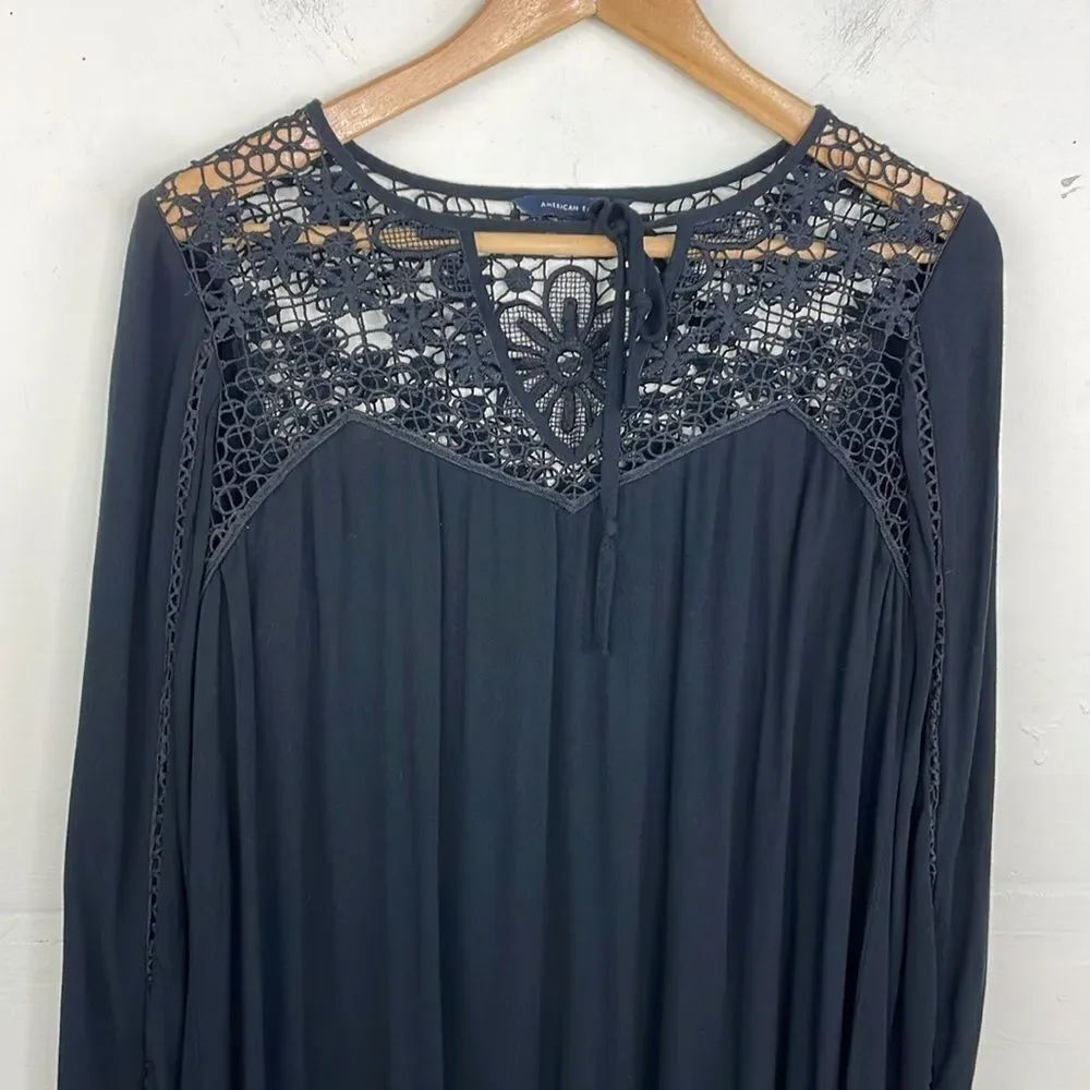 American Eagle Black Gothic Lace Yoke Tunic Dress Boho Romantic Long Sleeve Medi - Picture 3 of 14